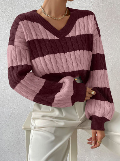 Oversized V-Neck Cable Knit Striped Pullover Sweater