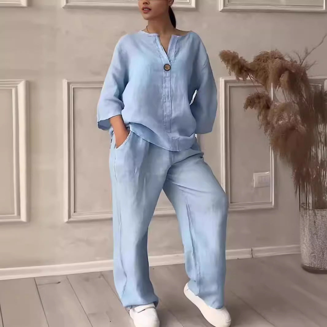 Womens Linen Two Piece Set Button Top Wide Leg Pants