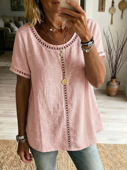 Cotton Blend Top Lace Trim Cutout Short Sleeve Shirt