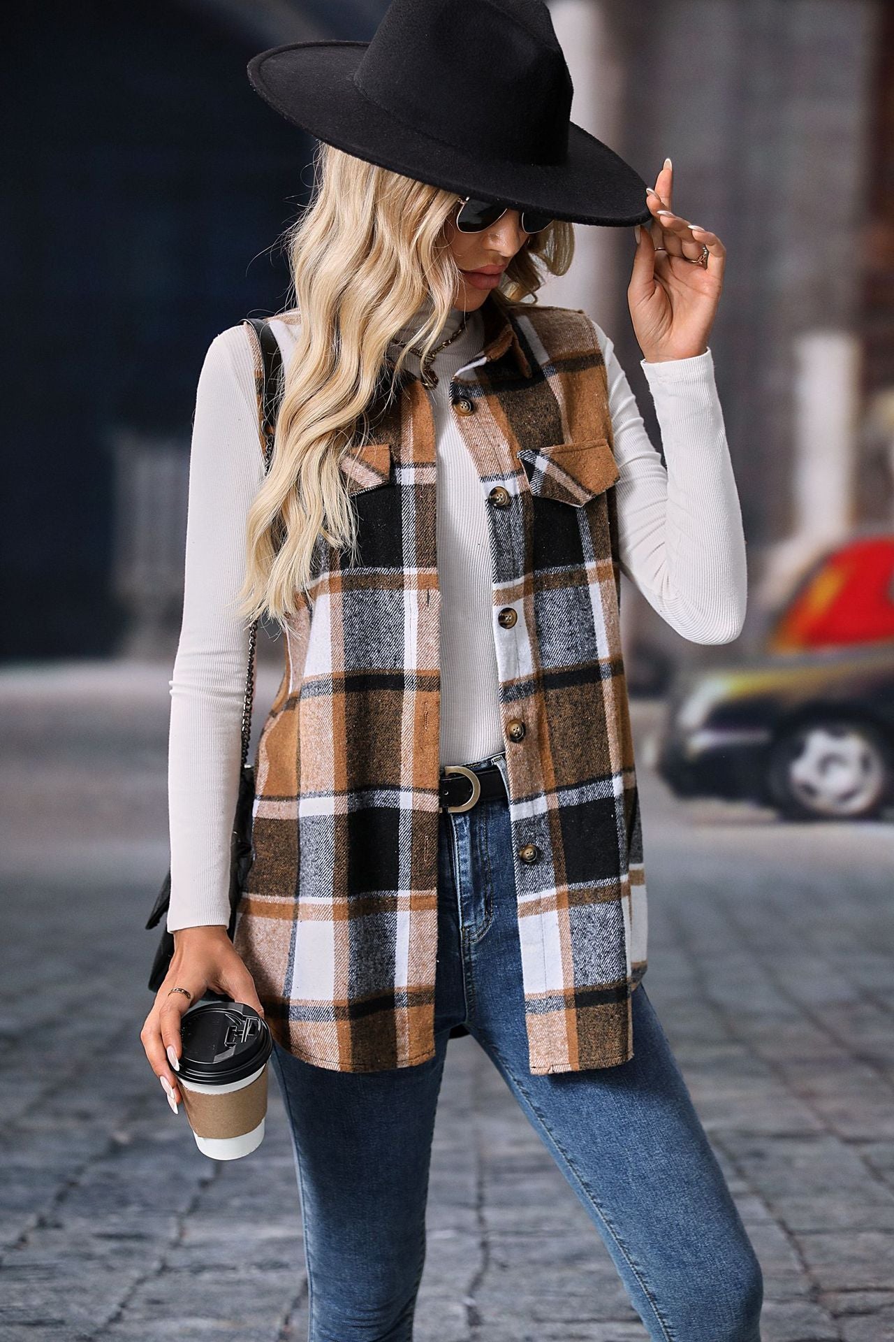 Plaid sleeveless shacket button front longline fit