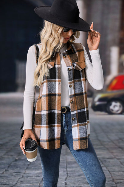 Plaid sleeveless shacket button front longline fit