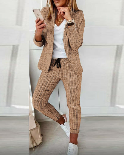 Women's Plaid Blazer Pants Set 2 Piece