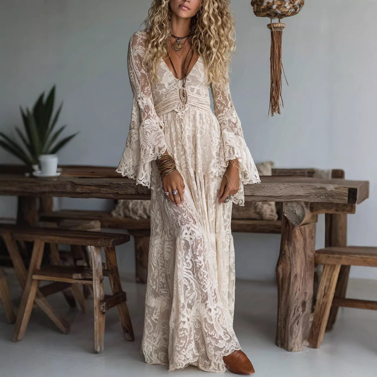 Boho Lace Bell Sleeve Maxi Dress Deep V-Neck