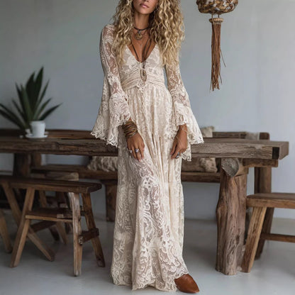 Boho Lace Bell Sleeve Maxi Dress Deep V-Neck