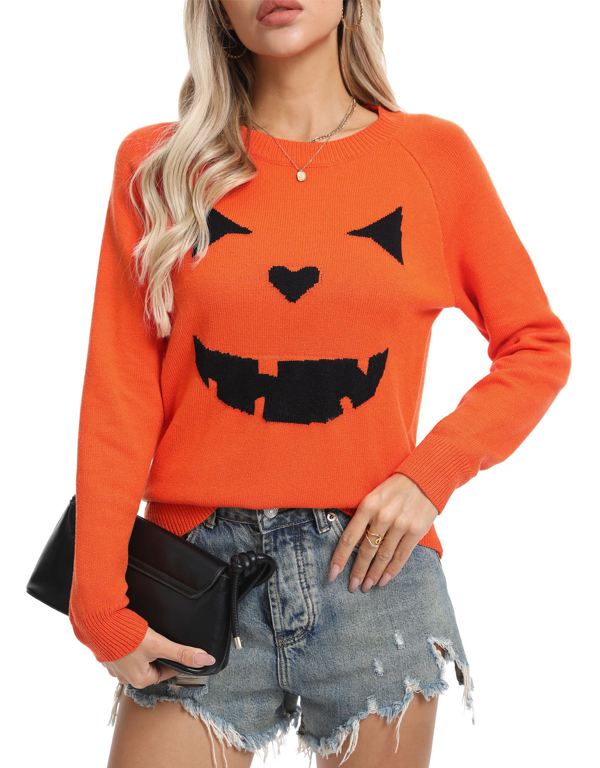 Women's Halloween Pumpkin Crewneck Knit Sweater