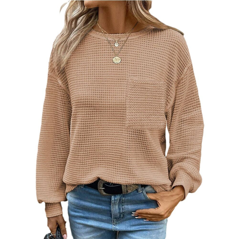 Women's Oversized Waffle Knit Crew Neck Pocket Top