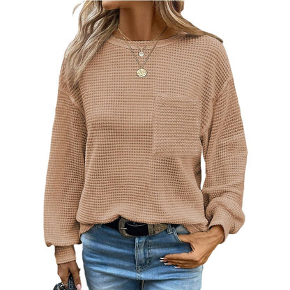 Women's Oversized Waffle Knit Crew Neck Pocket Top