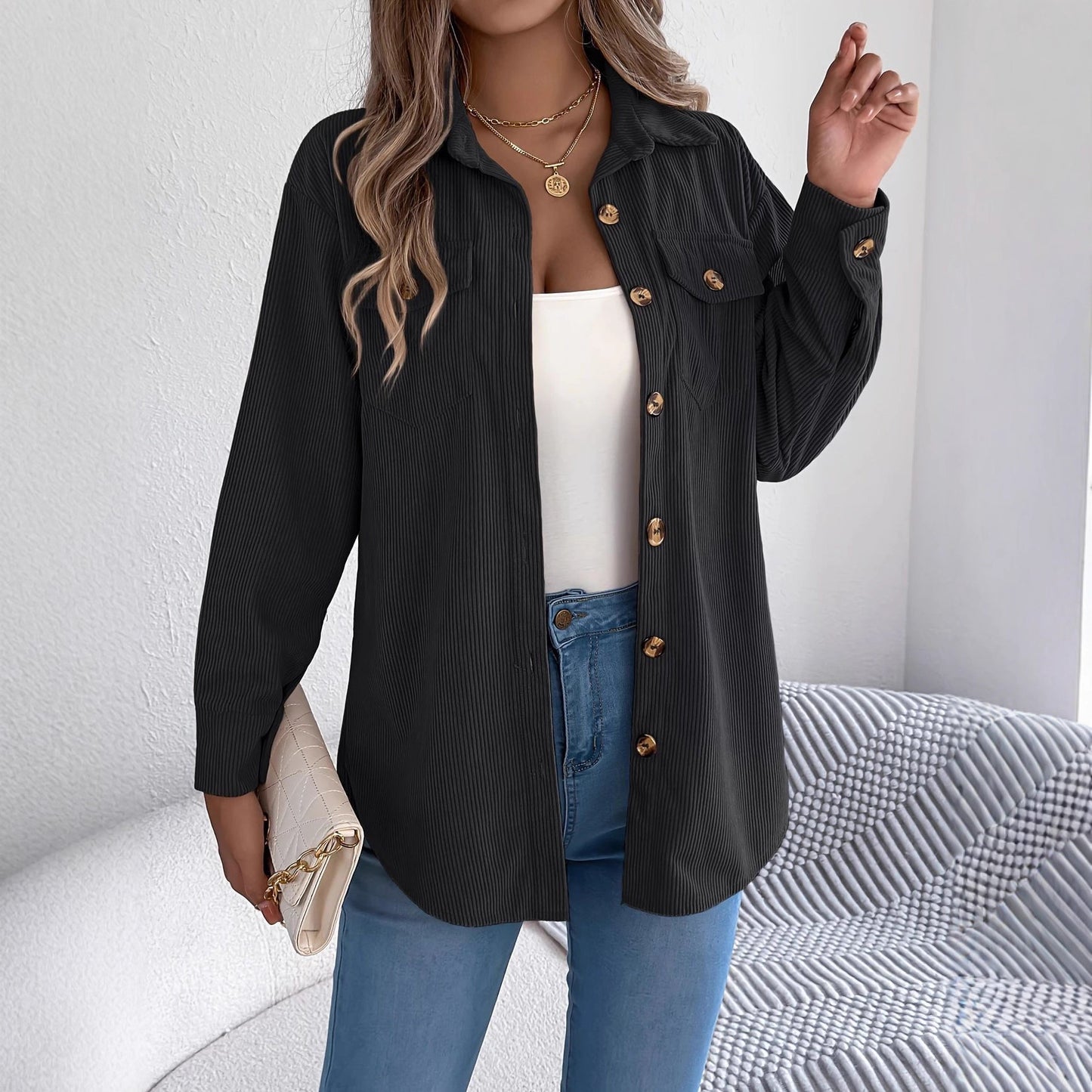 Women’s Corduroy Button Down Shacket with Pockets
