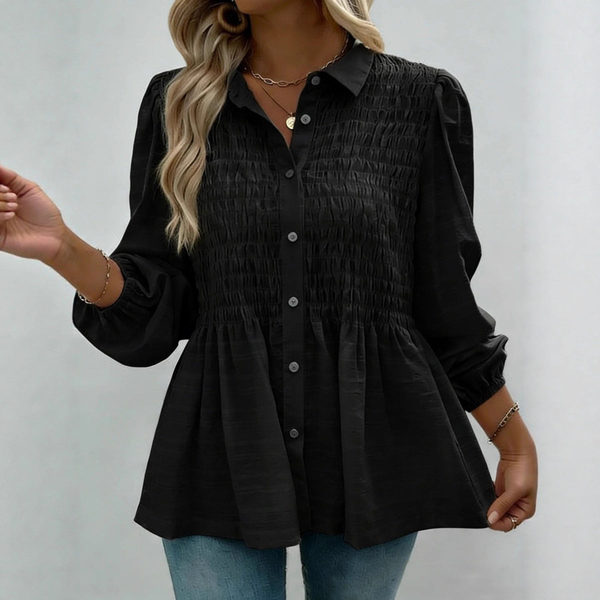 Women's Smocked Puff Sleeve Button Front Peplum Blouse