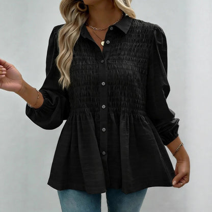 Women's Smocked Puff Sleeve Button Front Peplum Blouse