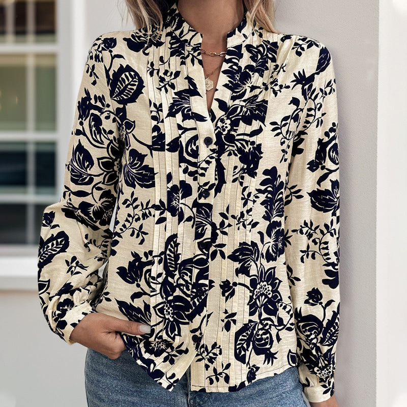 Elegant Floral Print Blouse with Pintuck Detail