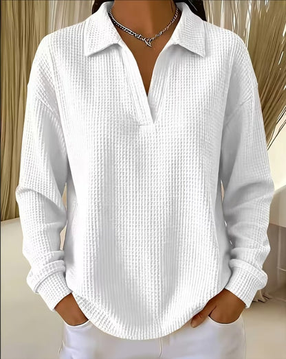 Waffle Knit Collared V Neck Long Sleeve Oversized Tunic Top