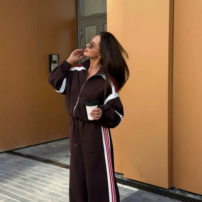 Striped Crop Jacket Wide Leg Pants Two Piece Lounge Set