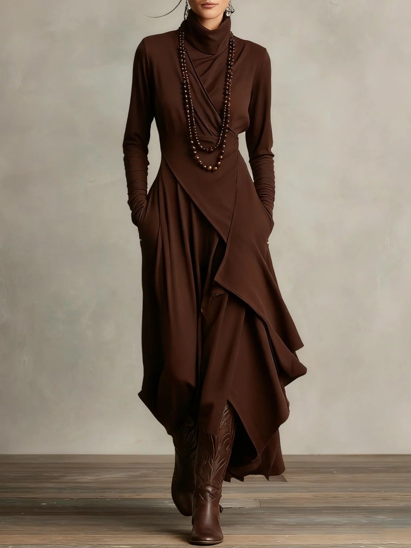 Long Sleeve Mock Neck Knit Draped Maxi Dress