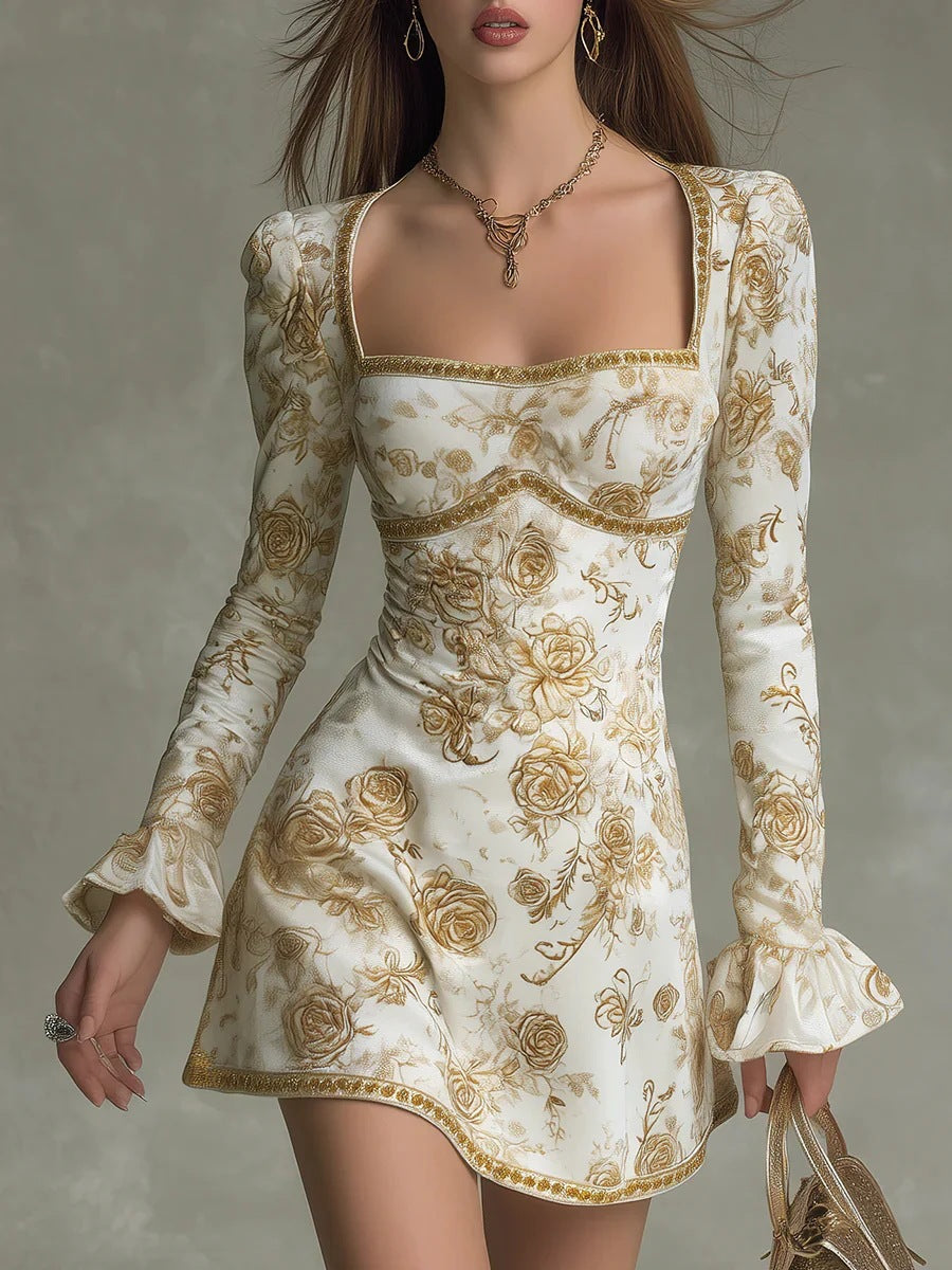 Floral Square Neck Mini Dress Tie Back Long Sleeve