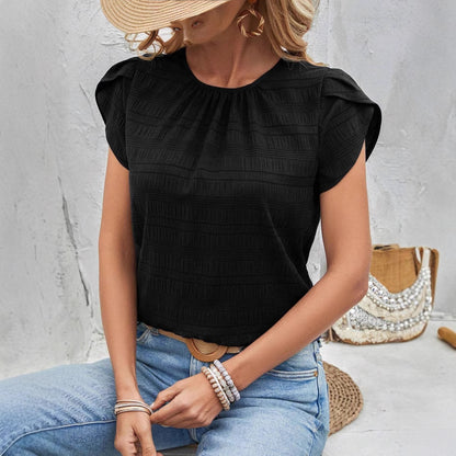 Summer Pleated Puff Sleeve Blouse with Round Neck