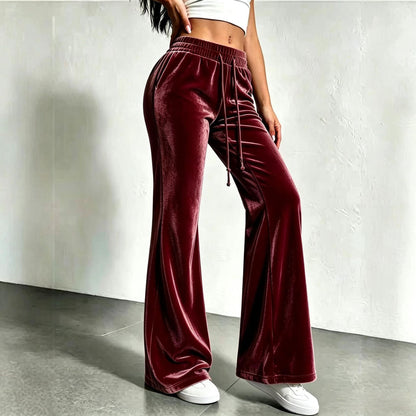 Women's Velvet High Waist Flare Pants Drawstring Casual