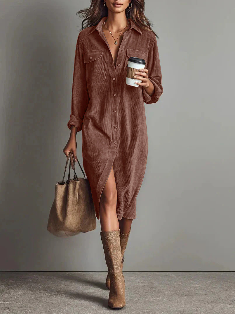 Corduroy Shirt Dress Long Sleeve Button Down Midi