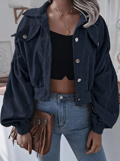 Womens Corduroy Cropped Jacket Balloon Sleeve Oversized