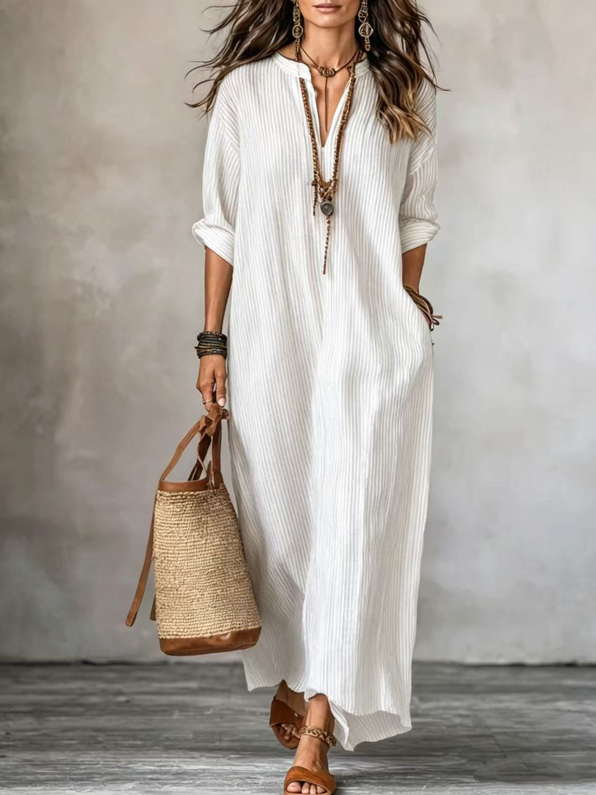 Striped V-Neck Maxi Dress Loose Casual 3/4 Sleeve