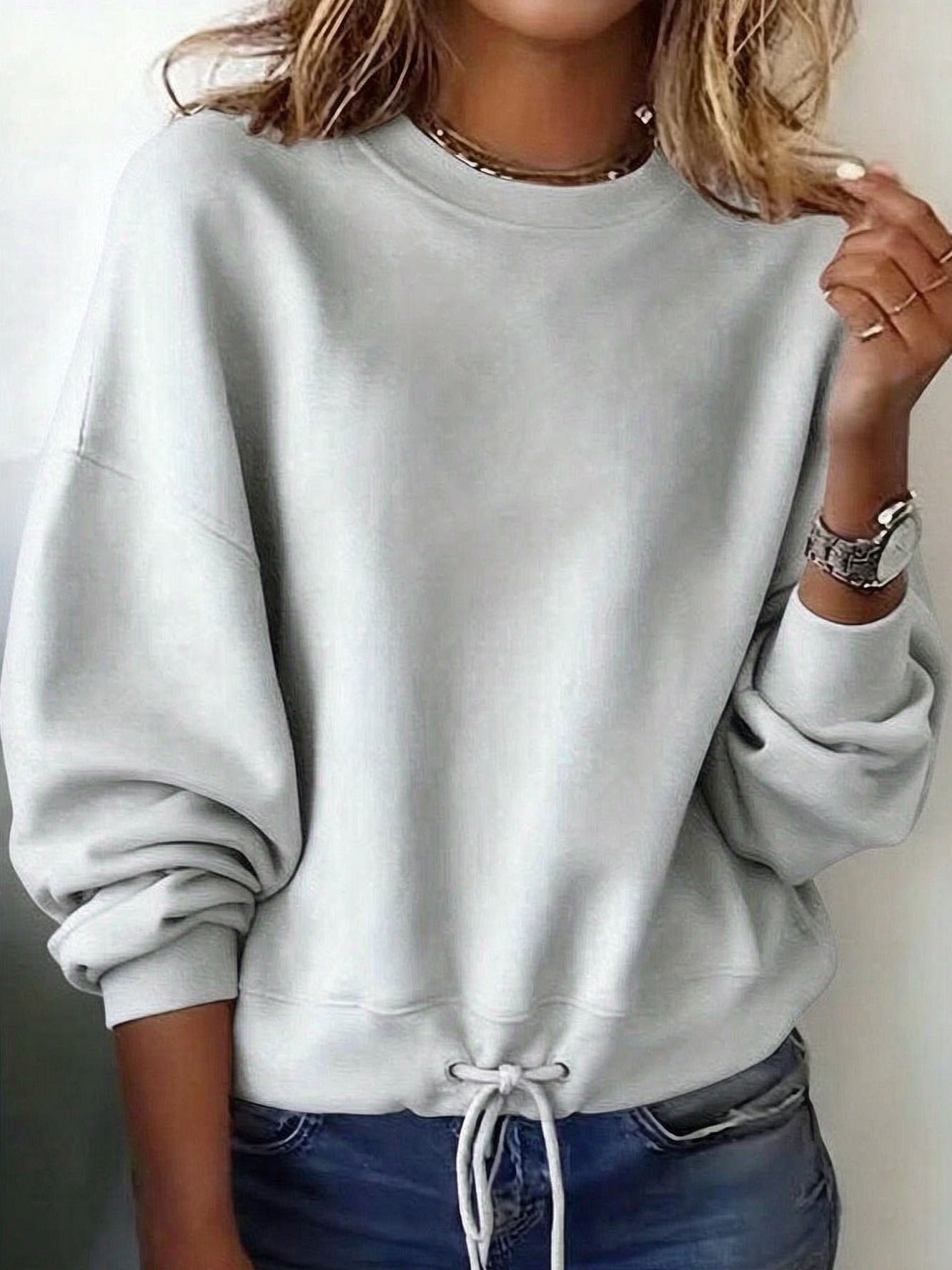Women's Crewneck Sweatshirt Drawstring Hem Long Sleeve