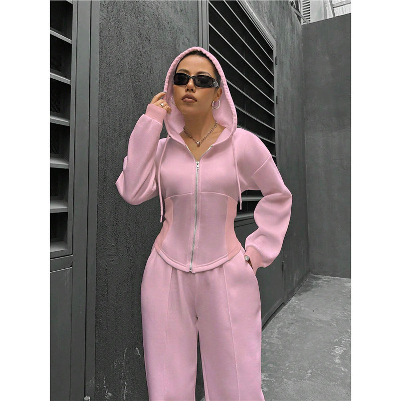 Fitted Zip Hoodie Wide Leg Sweatpants Two Piece Set