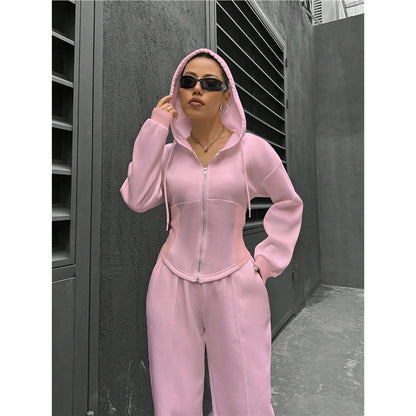 Fitted Zip Hoodie Wide Leg Sweatpants Two Piece Set