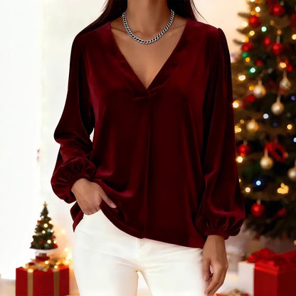 Women's Velvet V-Neck Balloon Sleeve Blouse