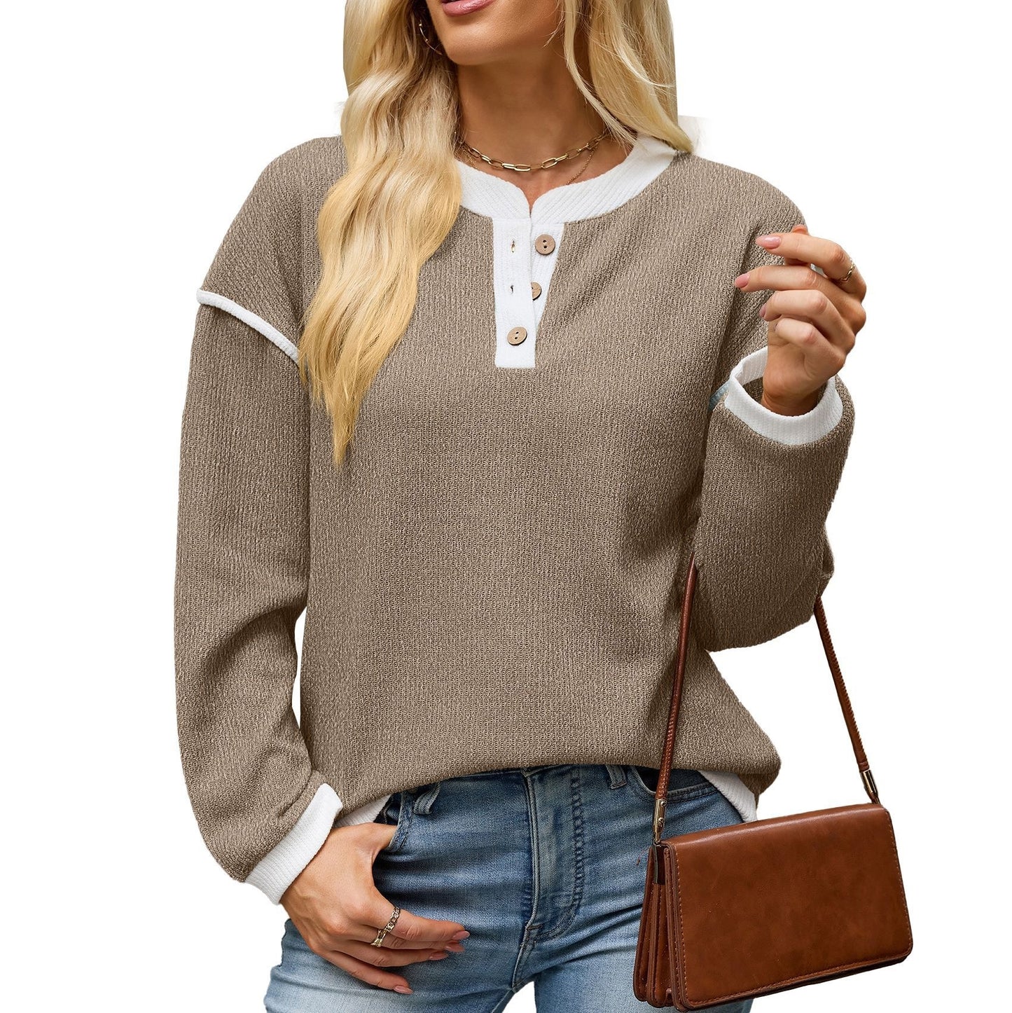 Women's Contrast Henley Long Sleeve Loose Casual Top