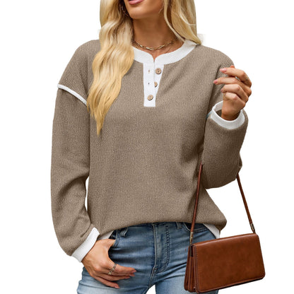 Women's Contrast Henley Long Sleeve Loose Casual Top
