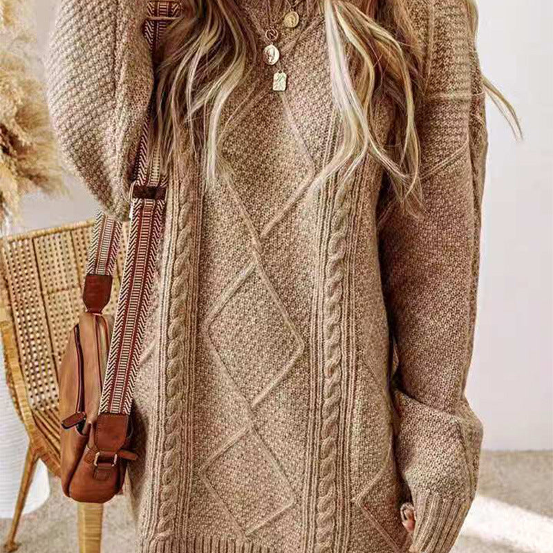 Oversized Chunky Cable Knit Sweater Dress Crew Neck