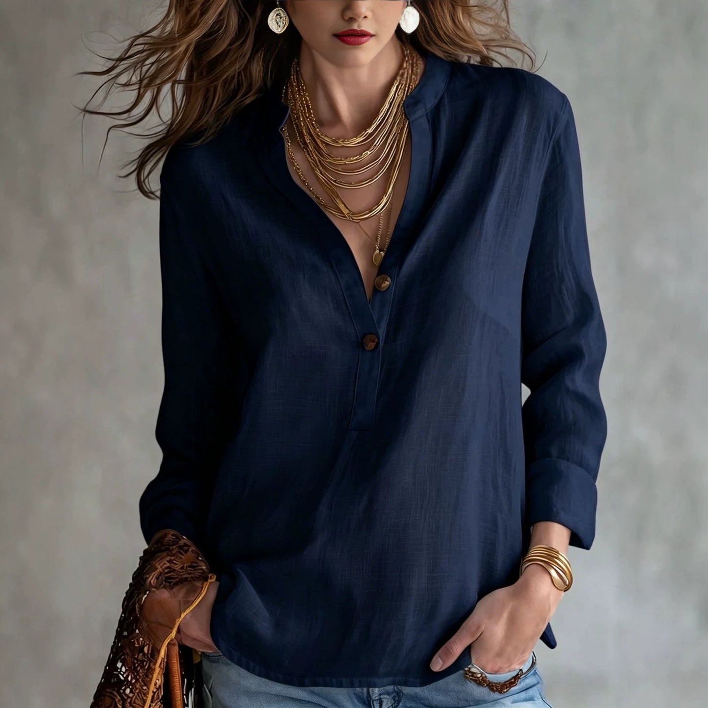 Women's V Neck Button Front Long Sleeve Casual Blouse