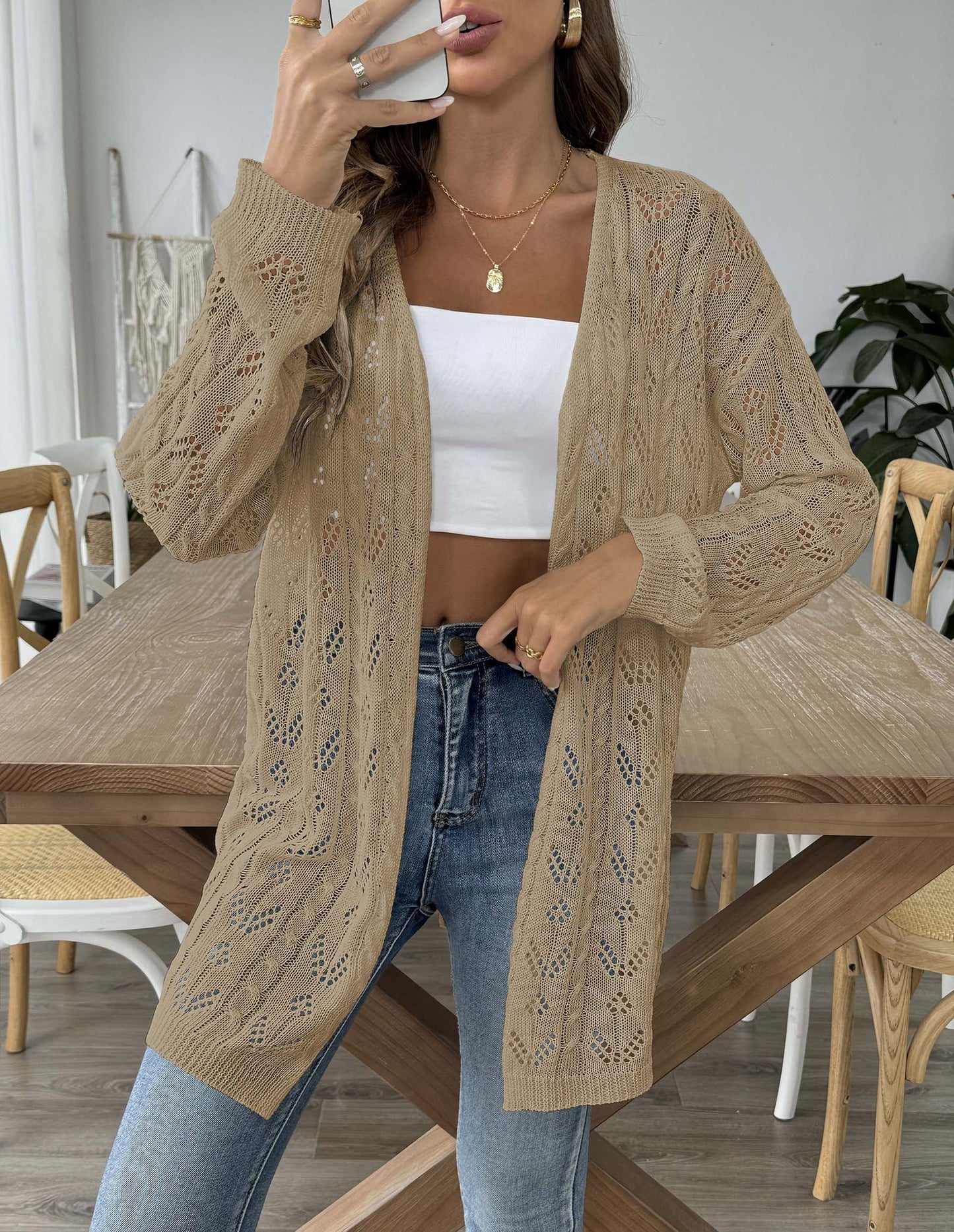 Women's Hollowed-out Woven Sweater Solid Color Cardigan Jacket