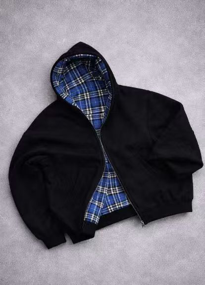 Reversible Plaid Zip Up Hoodie Jacket Oversized
