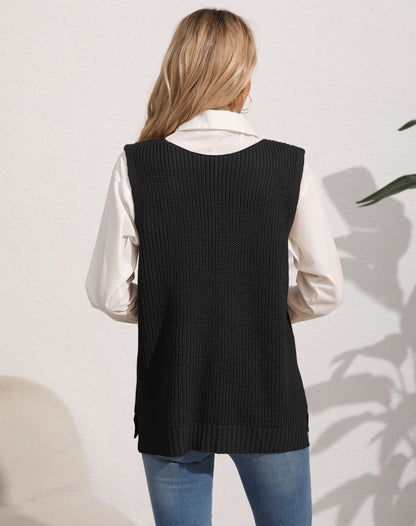 Women's Vest Double Pocket Splicing V-Neck Casual Pearl Vest Sweater