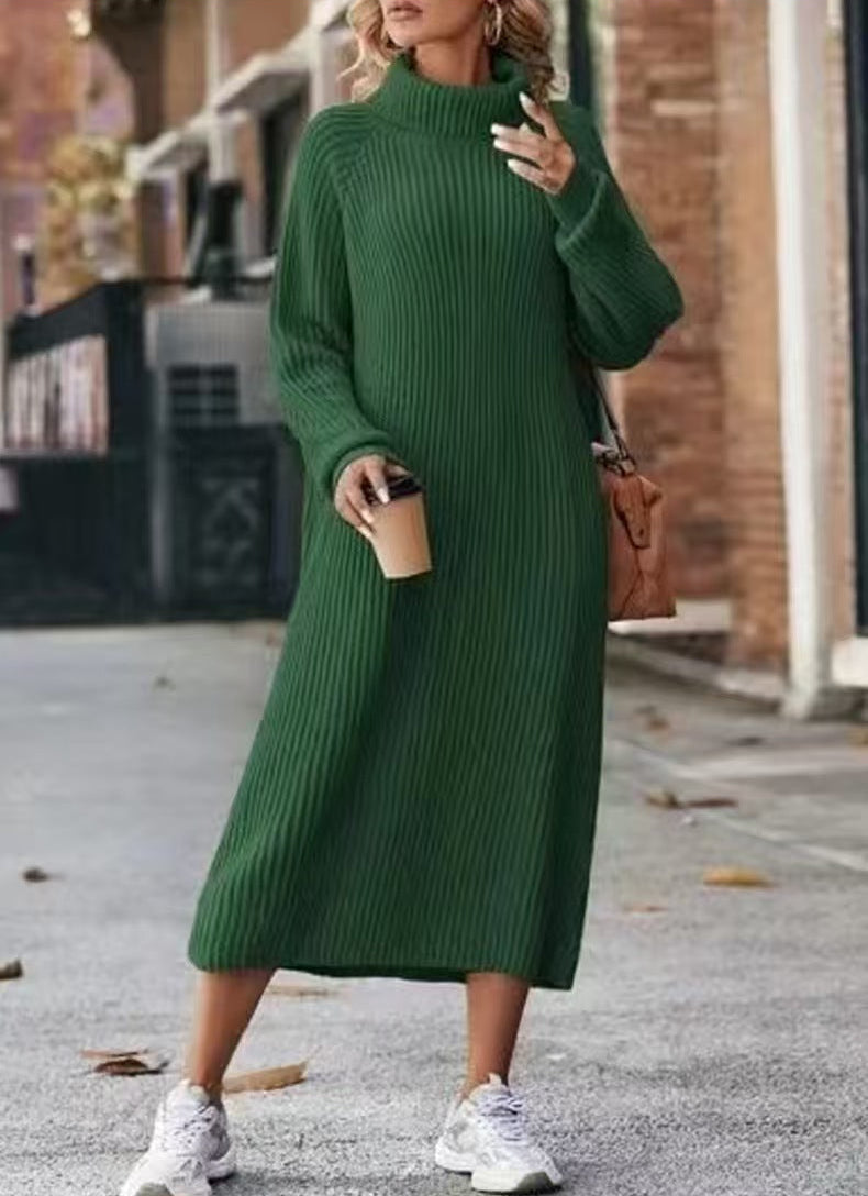 Oversized Ribbed Turtleneck Sweater Dress Long Sleeve Midi