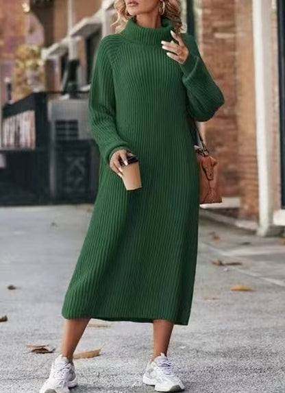 Oversized Ribbed Turtleneck Sweater Dress Long Sleeve Midi