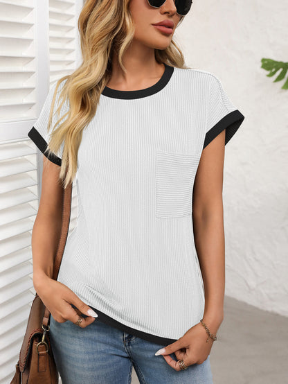 Women's Ribbed Color Block Pocket Tee Short Sleeve