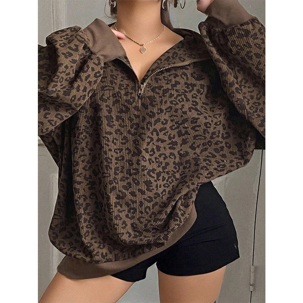 Leopard Print Oversized Quarter Zip Pullover Sweatshirt