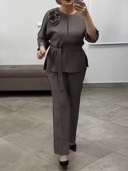 Women's Elegant Belted 2-Piece Floral Pant Set