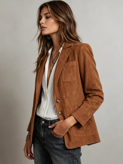 Women's Oversized Suede Blazer Vintage Brown Jacket