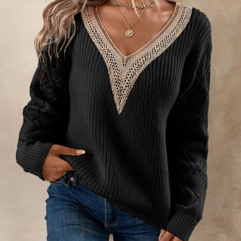Women's Oversized V-Neck Crochet Sweater Top