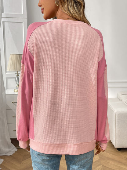 Color Block Waffle Knit Long Sleeve Pullover Top