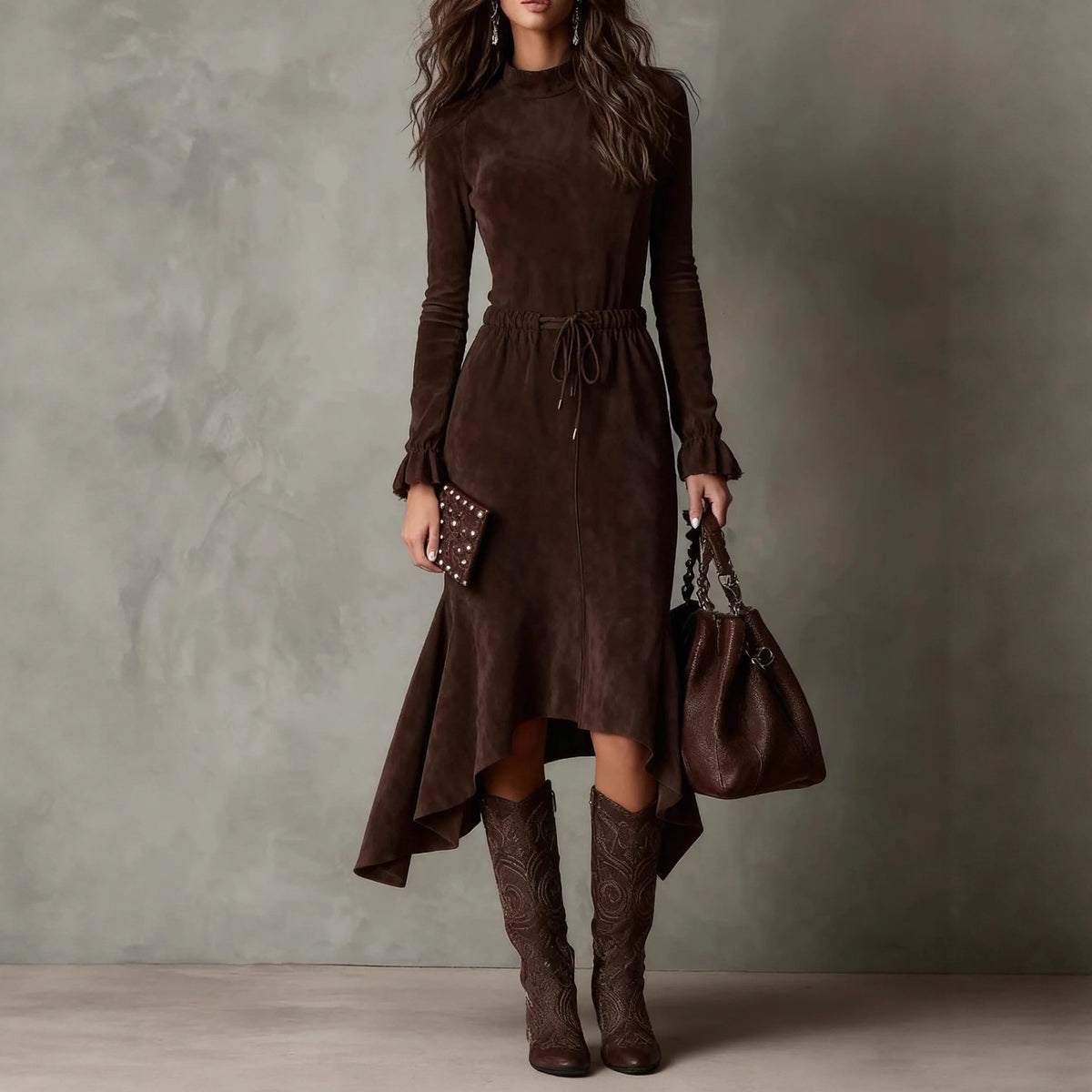 Women's Long Sleeve Drawstring Waist Hi-Lo Midi Dress