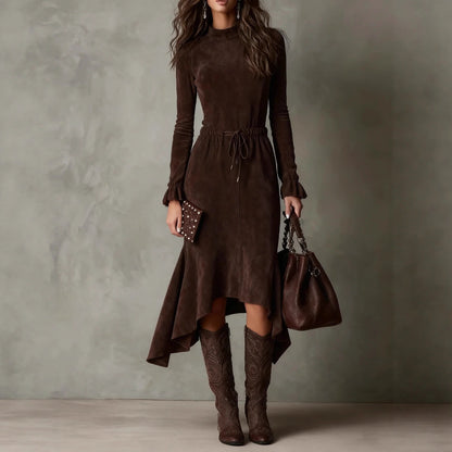 Women's Long Sleeve Drawstring Waist Hi-Lo Midi Dress