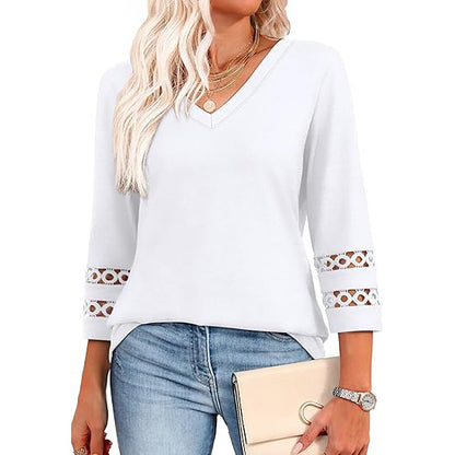 White V-Neck Lace Sleeve Casual Knit Top for Women