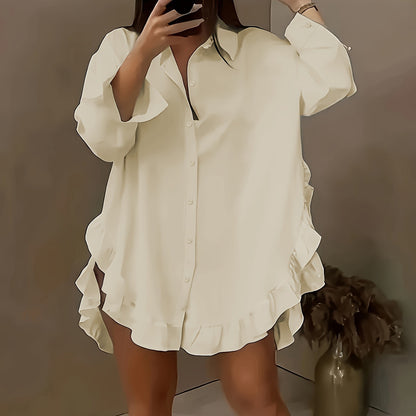 Women's Oversized Ruffle Button Down Shirt Dress