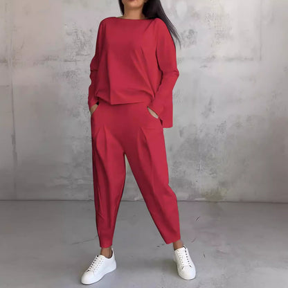 Womens Casual Two Piece Set Long Sleeve Top Pants Pockets