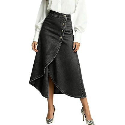High Waist Button Front Asymmetric Denim Maxi Skirt