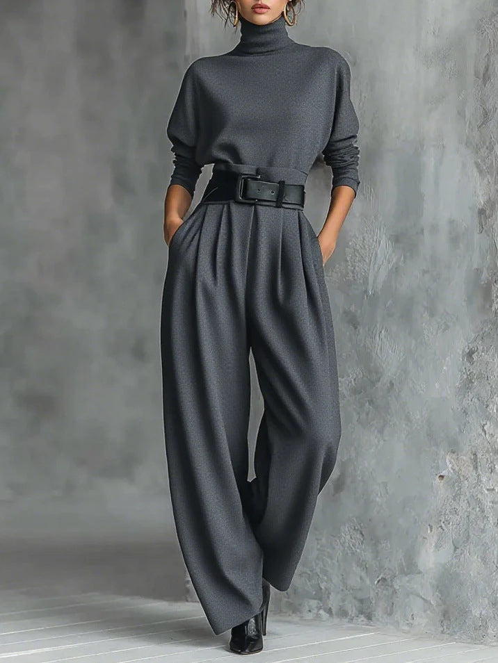Women's Turtleneck Wide Leg Pants Two Piece Set with Belt